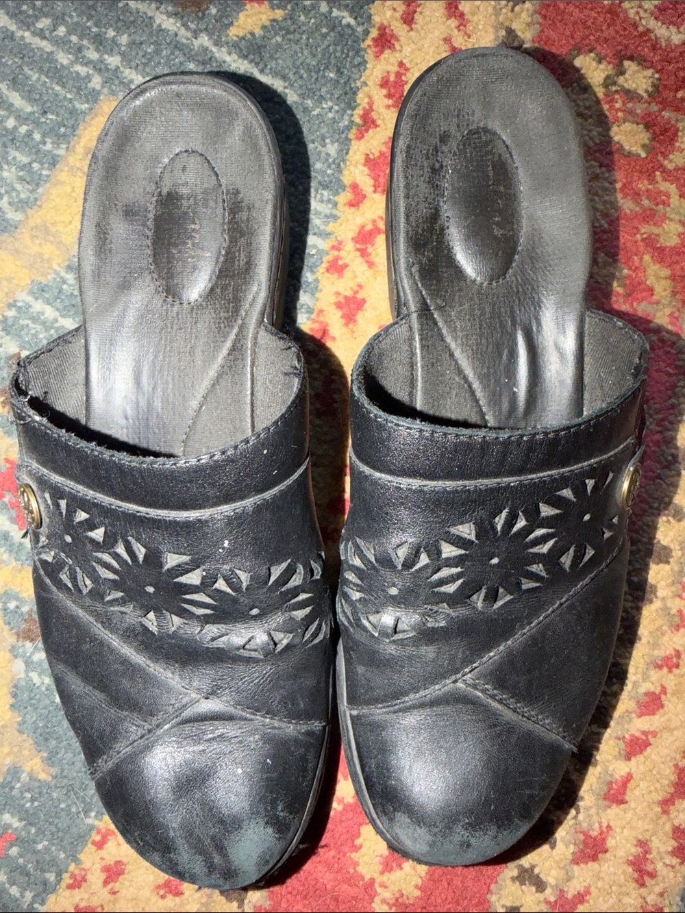 Clarks Black Women's Slip-On Clogs with Floral Cutout Band